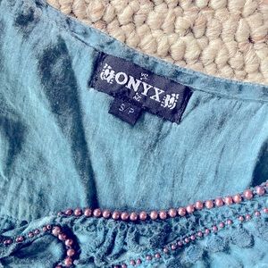 Very cute beautiful design teal blue dress with wine color beading and lace